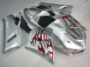 2005-2006 Silver Red Flames Kawasaki ZX6R Motorcycle Fairings UK