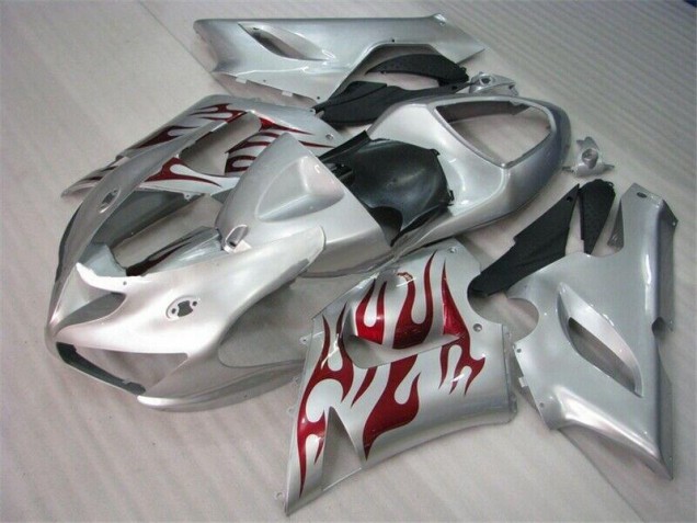 2005-2006 Silver Red Flames Kawasaki ZX6R Motorcycle Fairings UK